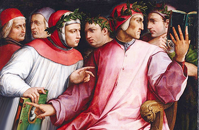 Giorgio Vasari «Sei poeti toscani illustri » (da sin.: Cristoforo Landino, Marsilio Ficino, Petrarca, Boccaccio, Dante, Guido Cavalcanti)